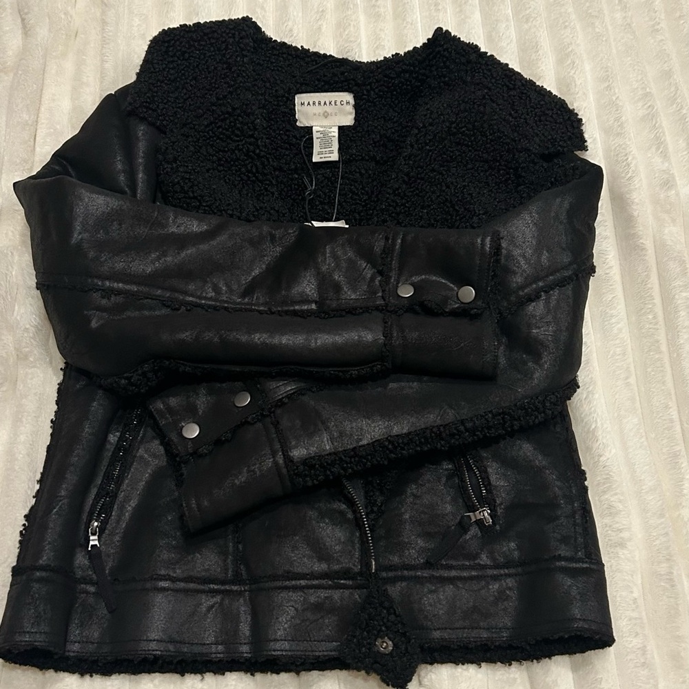 NEW Marrakech Marissa Sherpa Lined Crop Biker Jacket Black Medium NWT